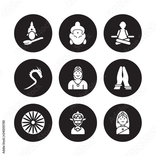 9 vector icon set : Saraswati, Krishna, Ashoka, India Mother, Chandra, Guru, Kali, Hanuman isolated on black background