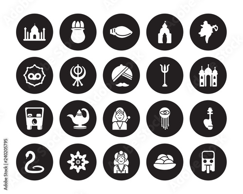 20 vector icon set : uttar pradesh, Kanji vadas, Alamelu, Chakra, Cobra, assam, Trident, Indra, Rickshaw, sikhism, biju janata dal isolated on black background