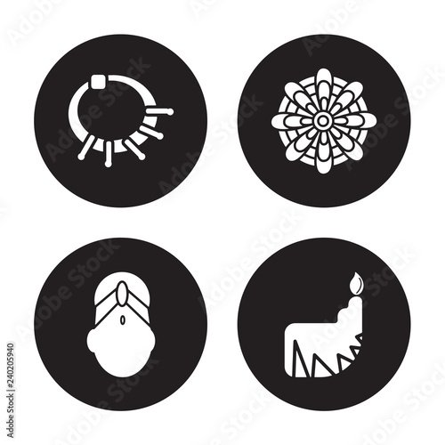 4 vector icon set : Devi, Bindi, Mandala, Dipa isolated on black background photo