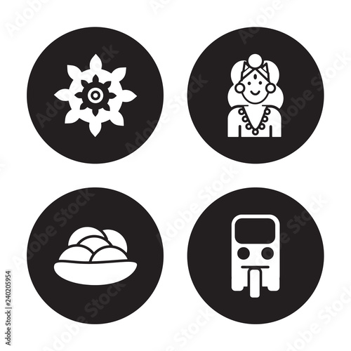 4 vector icon set : Chakra, Kanji vadas, Alamelu, Tuk tuk isolated on black background
