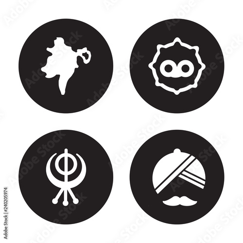4 vector icon set : assam, sikhism, telugu language, Turban isolated on black background
