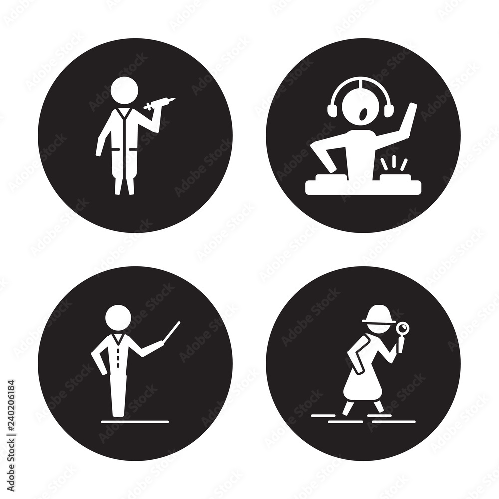 4 vector icon set : Doctor, Director, dj, Detective isolated on black background