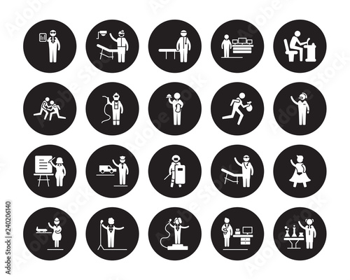20 vector icon set : Statistician, secretary, Showman, Singer, stewardess, Writer, Thief, Swat, Teacher, Welder, Physician Assistant isolated on black background