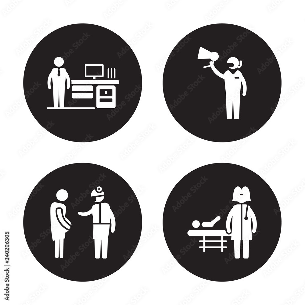 4 vector icon set : Actuary, Obstetrician and Gynecologist, Marketing Manager, Pediatrician isolated on black background 4 vector icon set : Actuary, Obstetrician and Gynecologist, Marketing Manager, Pediatrician isolated on black background