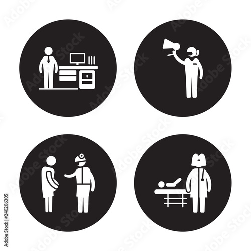 4 vector icon set : Actuary, Obstetrician and Gynecologist, Marketing Manager, Pediatrician isolated on black background