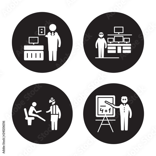 4 vector icon set : Accountant, Podiatrist, Information Security Analyst, Mathematician isolated on black background