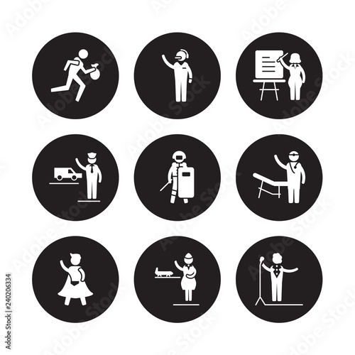 9 vector icon set : Thief, Telemarketer, Superhero, Surgeon, Swat, Teacher, Taxi driver, stewardess isolated on black background