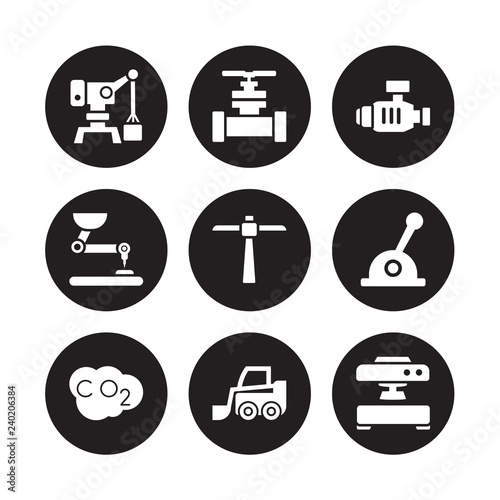 9 vector icon set : Harbor crane, Oil valve, Co2, Lever, Pick, Pump, Pushcart, skid loader isolated on black background