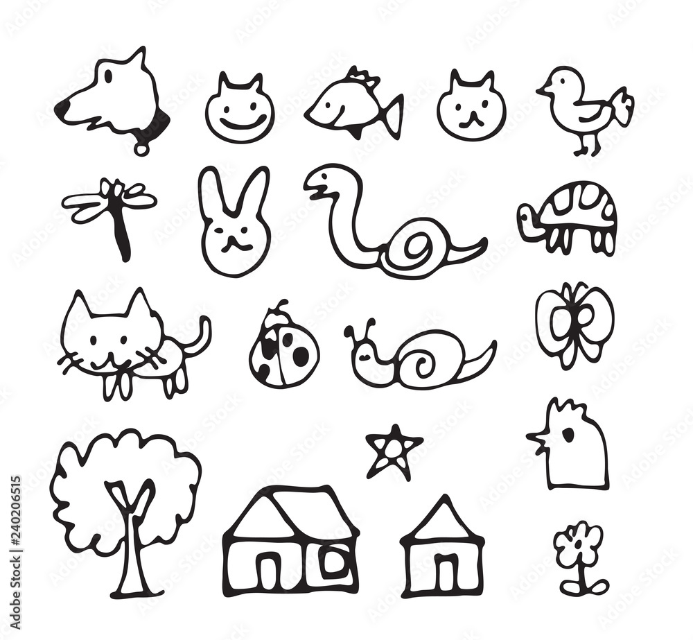Ink brush animal icon design, basic cartoon thin line, hand draw ...