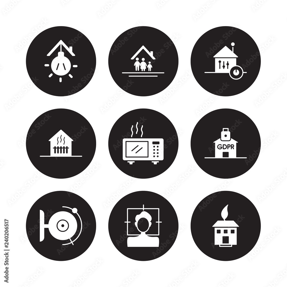 9 vector icon set : Illumination, Household, Fire alarm, GDPR, heat leak, Home automation, Heating, Face scan isolated on black background