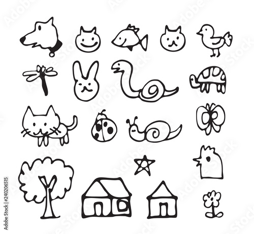 Ink brush animal icon design, basic cartoon thin line, hand draw vector home, tree, flower and pet, easy kid drawing for coloring