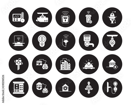 20 vector icon set : Thermostat, Meter, Power button, Remote vehicle, Security code, smart Toilet, Smart lock, city, key, Switch, Socket isolated on black background