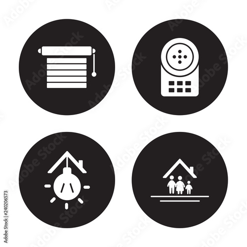 4 vector icon set : Jalousie automation, Illumination, Intercom, Household isolated on black background