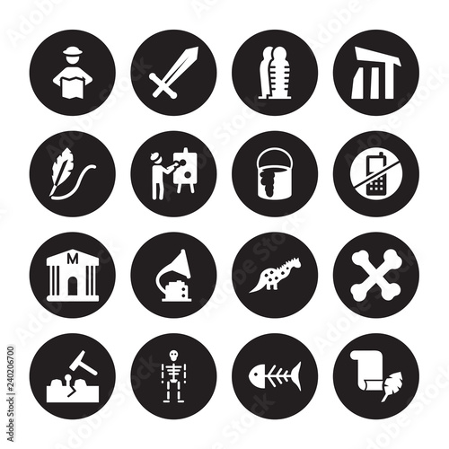 16 vector icon set : Tour, Fishbone, Skeleton, Geological, Bone, Papyrus, Quill, Museum, Paint isolated on black background