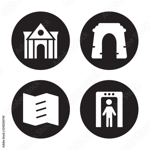 4 vector icon set : Museum building, Trifold, Arc, Metal detector isolated on black background