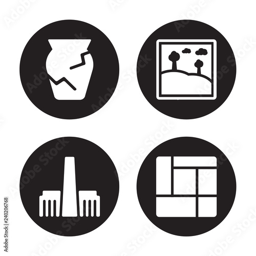 4 vector icon set : Ancient jar, Tate modern, Artwork, Mondrian isolated on black background