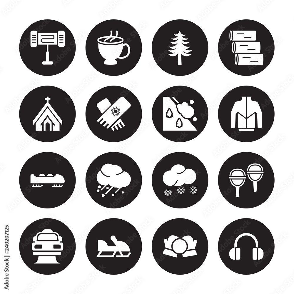 16 vector icon set : Electric heater, Snow ball, Snowmobile, Snowplow, Snowshoes, Earmuffs, Chapel, Bobsled, Avalanche isolated on black background 16 vector icon set : Electric heater, Snow ball, Snowmobile, Snowplow, Snowshoes, Earmuffs, Chapel, Bobsled, Avalanche isolated on black background