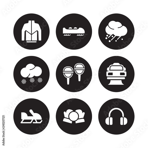 9 vector icon set : Winter clothes, Bobsled, Snowmobile, Snowplow, Snowshoes, Hail, Snowy, Snow ball isolated on black background