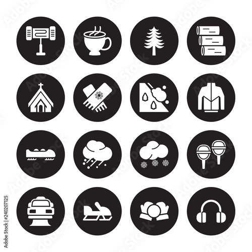 16 vector icon set : Electric heater, Snow ball, Snowmobile, Snowplow, Snowshoes, Earmuffs, Chapel, Bobsled, Avalanche isolated on black background