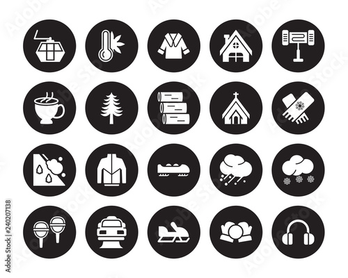 20 vector icon set : Ski lift, Snow ball, Snowmobile, Snowplow, Snowshoes, Electric heater, Chapel, Bobsled, Avalanche, Fir, Fur coat isolated on black background