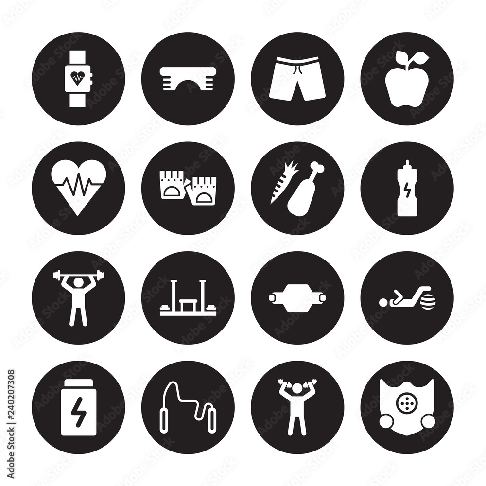 16 vector icon set : Fitness Tracker, Exercise, Exercise bands, Fitness, Ball, Elevation mask, fitness Heart, Body, Food isolated on black background
