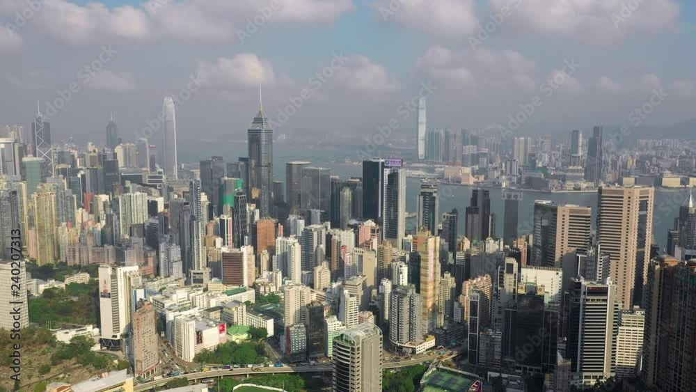 HONG KONG - MAY 2018: Aerial view of city downtown, residential and office buildings and skyscrapers. Drone shot in 4K HONG KONG - MAY 2018: Aerial view of city downtown, residential and office buildings and skyscrapers. Drone shot in 4K