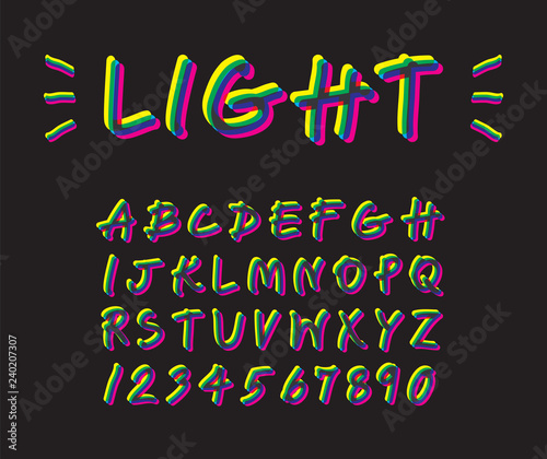 Colorful neon lighting font design on black  yellow flash uppercase alphabet handwriting  shiny magenta letter hand draw  cyan glow beam typography English text and number.
