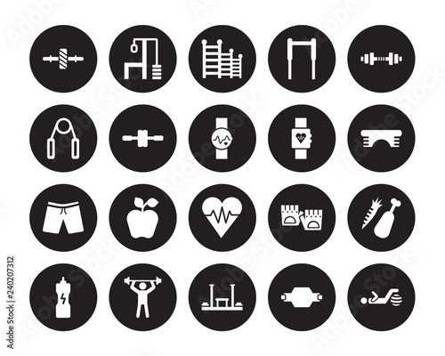 20 vector icon set : Gymnastic Roller, fitness Belt, Fitness bench, Body, Drink, Gym, Tracker, Heart, Shorts, Wheel isolated on black background