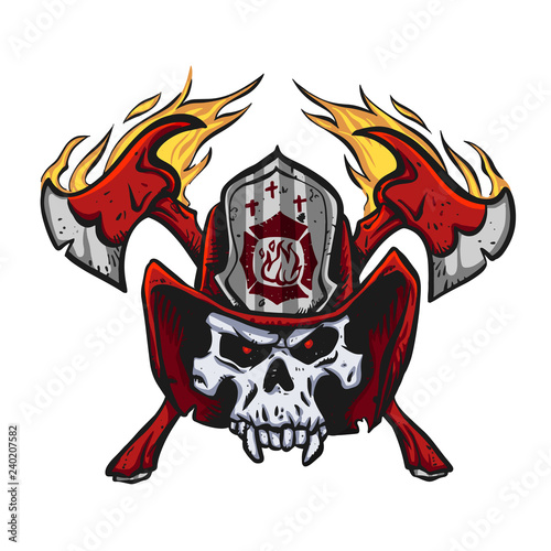 Skull wearing fireman helmet, crossed axes