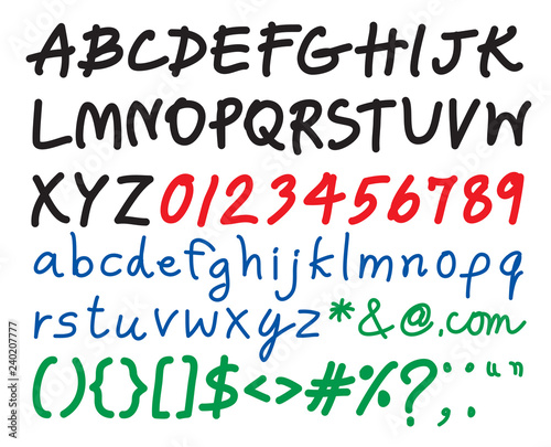 Black ink brush font design, green numbers, red lower case alphabets, blue sign mark.
