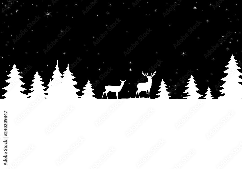 Obraz premium Silhouettes of deer in a snowy forest. Winter landscape. Illustration can be used for christmas greeting card, banner, poster.