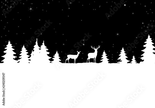 Silhouettes of deer in a snowy forest. Winter landscape. Illustration can be used for christmas greeting card, banner, poster.