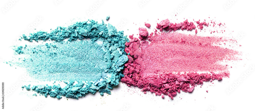 Obraz premium Eye shadow on a white background. Scattered blush sample for makeup. Mint and pink color.