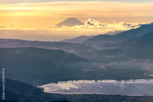 Mt.Fuji with lake suwa in Nagago Japan in witner