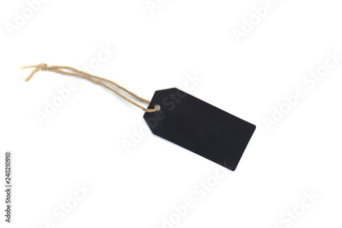 blank black cardboard price tag or label tag with thread isolated on white background.