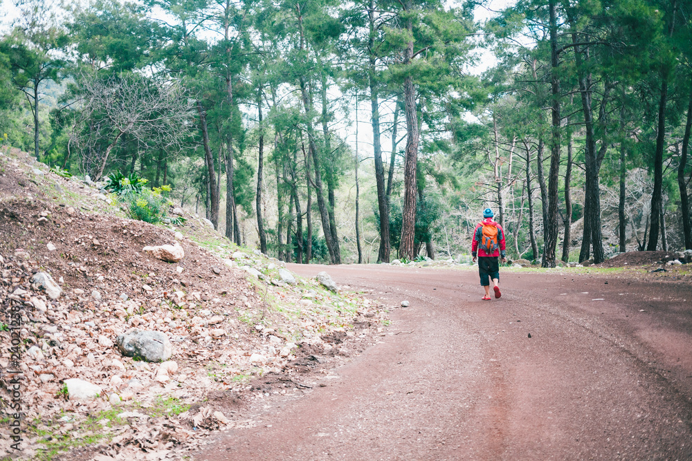 Fototapeta premium A man with a backpack is on a mountain road