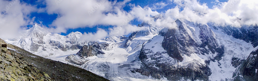 panorama view of the mountain landscape in the Valais with Obergabelhorn and Dent Blanche
