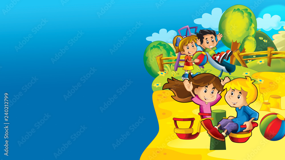 cartoon happy and funny scene with kids in the park having fun with frame space for text - illustration for children
