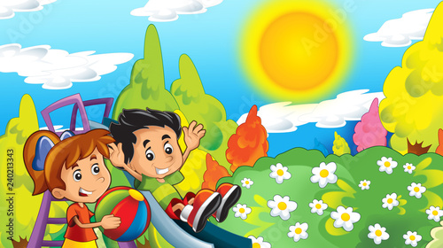 cartoon happy and funny scene with kids in the park having fun - illustration for children