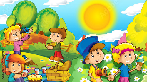 cartoon happy and funny scene with kids in the park having fun - illustration for children