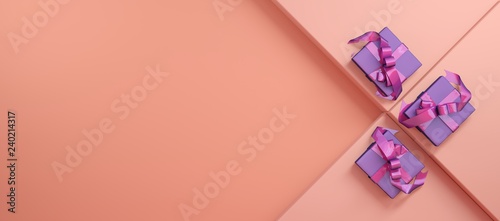Geometric abstract background with voluminous figures and gift boxes with bows. Panorama. Color concept 2019. Background of a Living Coral. 3D illustration