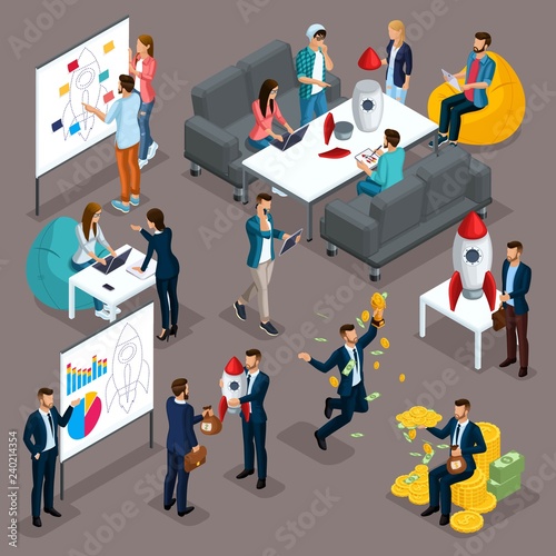 Trendy isometric people, 3d businessman, development start-up, team of professionals, students, business creation, brainstorming, investment, business concept