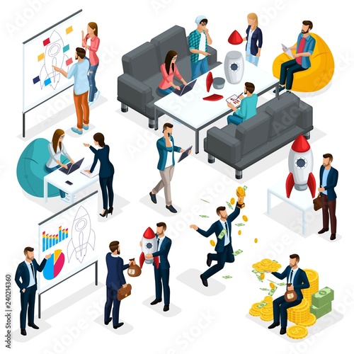 Trendy isometric people, 3d businessman, development of start-up, team of professionals, students, business creation, brainstorming, investment, business concept