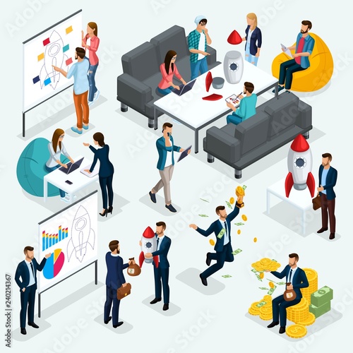 Trendy isometric people, 3d businessman, concept with young people, development of start-up, team of specialists, students, business creation, brainstorming, business