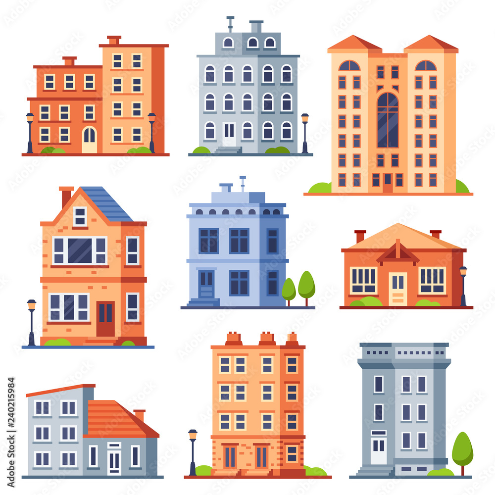 Living house buildings. Cottage houses exterior, condominium apartment building and modern cottages exteriors flat vector set
