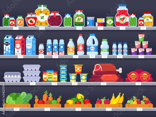 Food products on shop shelf. Supermarket shopping shelves, food store showcase and choice packed meal products sale vector illustration