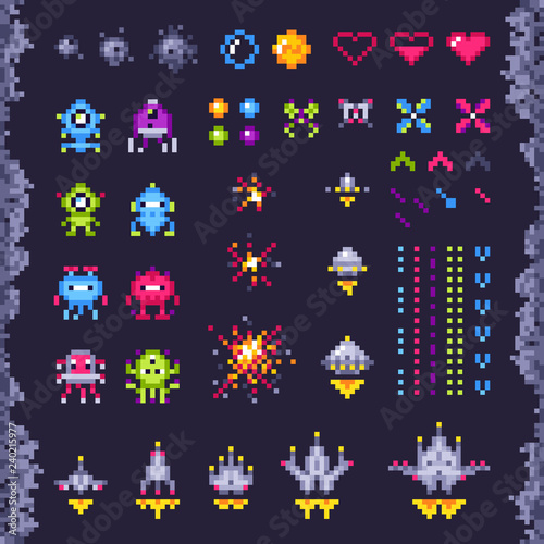 Retro space arcade game. Invaders spaceship, pixel invader monster and retro video games pixel art isolated objects illustration set