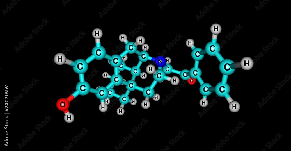 Levophenacylmorphan molecular structure isolated on black Levophenacylmorphan molecular structure isolated on black