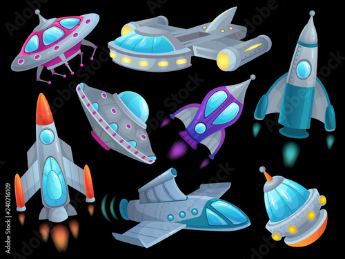 Cartoon spaceship. Futuristic space rocket vehicles, alien flight spacecraft ship ufo and aerospace rocketship isolated vector set
