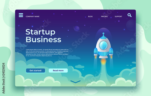 Startup launch landing page. Rocket launch, easy business start and futuristic space travel vector concept illustration photo